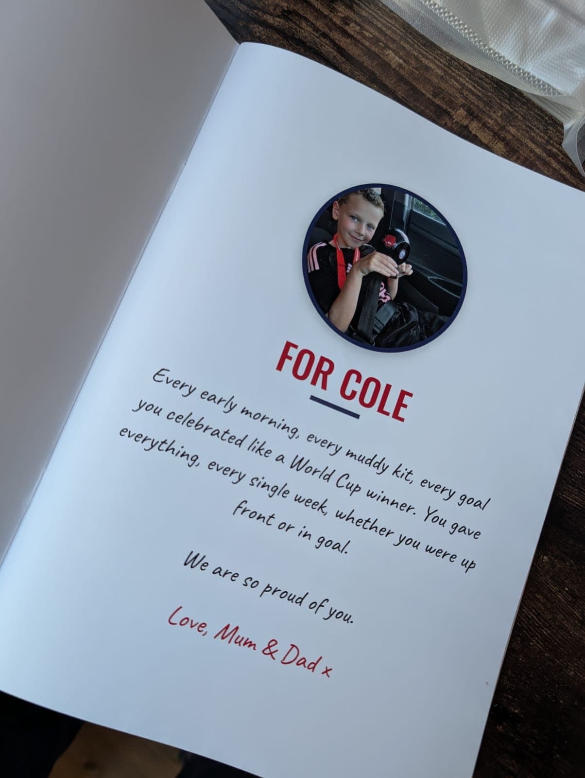 Cole's printed scrapbook: a message from mum & dad