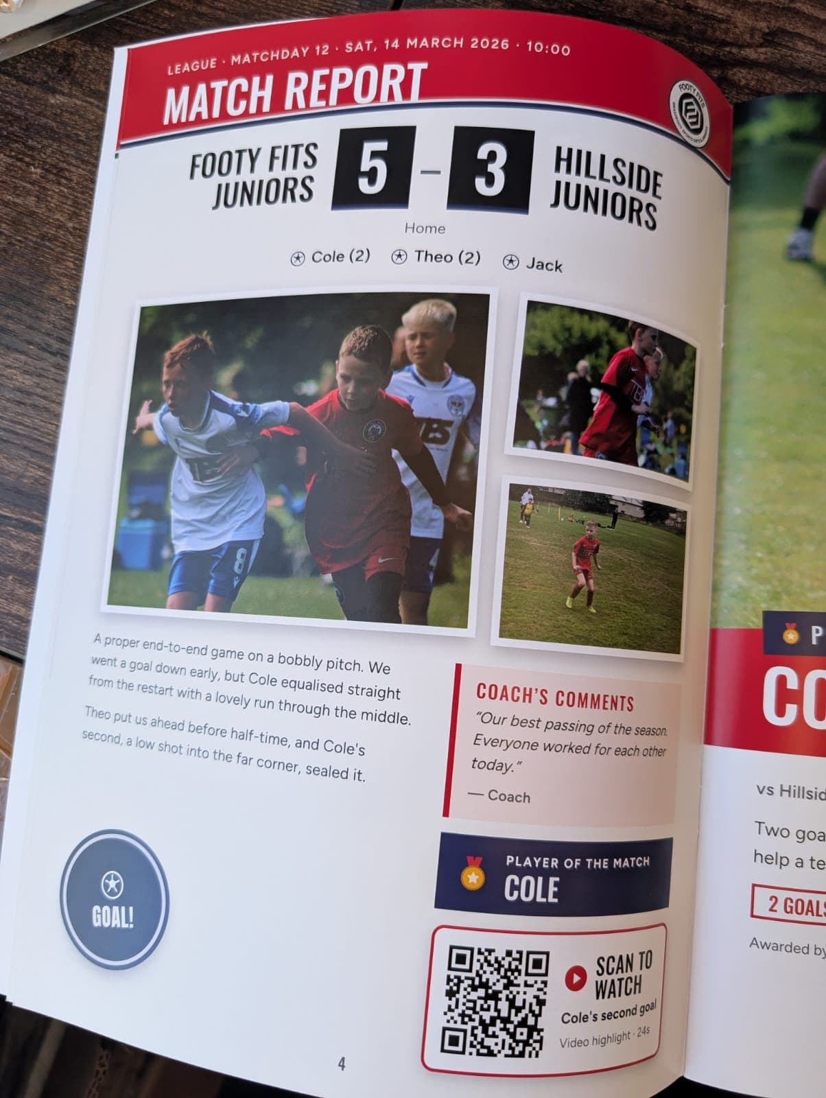 A match report page inside a printed Footy Fits scrapbook